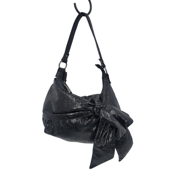 Simply Vera Liquid Black Bow Shoulder Bag Vegan Faux Leather Artsy Biker Goth - Picture 14 of 14